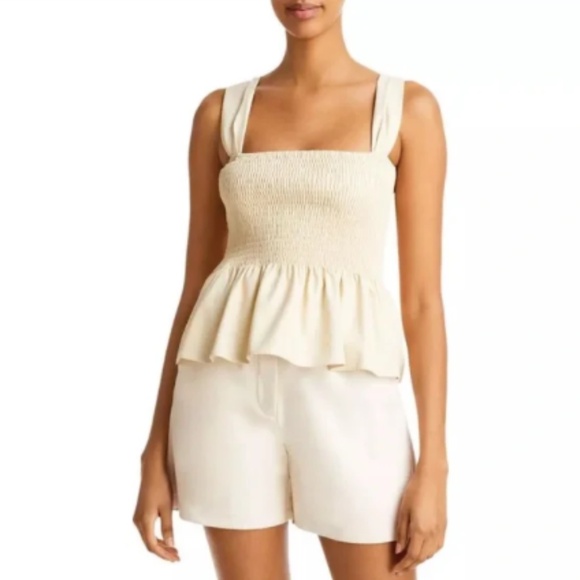NWT Lucy Paris Vegan Leather Smocked Peplum Top in Beige - size Medium - Picture 2 of 4